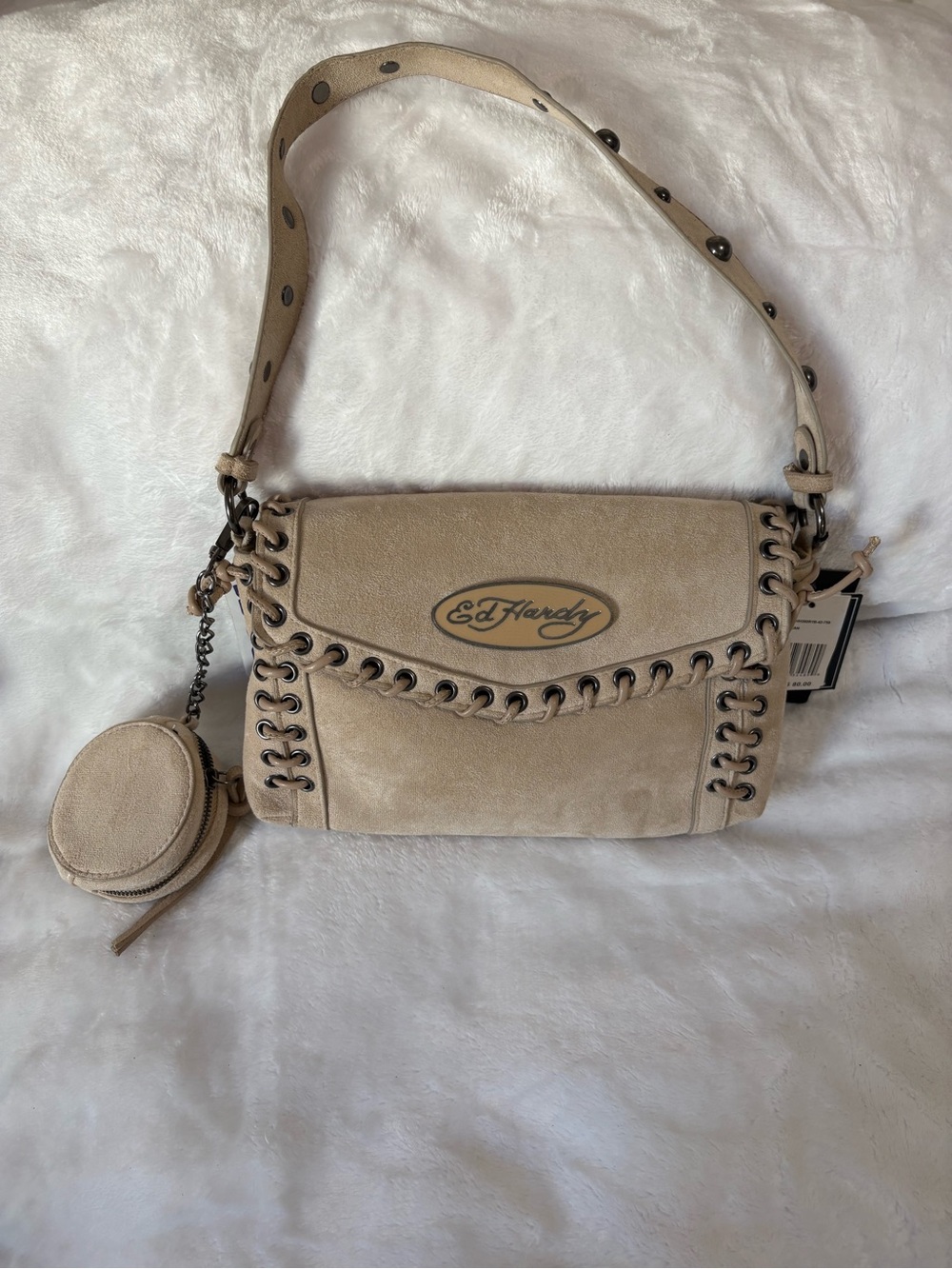 Ed Hardy Beige Suede-Style Shoulder Bag with Coin Pouch